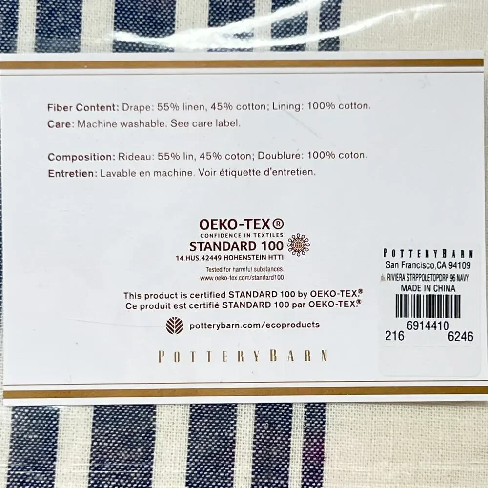 Pottery Barn Riviera Stripe Drape Navy Blue Panel 50x96 Curtain Linen Blend New